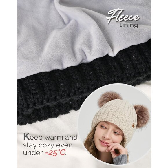 Double Pom Pom Beanie for Women Girls Warm Fleece Lined Knit Black Winter Hat - Picture 6 of 8